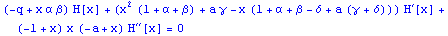 (-q + x α β) H[x] + (x^2 (1 + α + β) + a γ - x (1 + α + β - δ + a (γ + δ))) H^'[x] + (-1 + x) x (-a + x) H^''[x] = 0